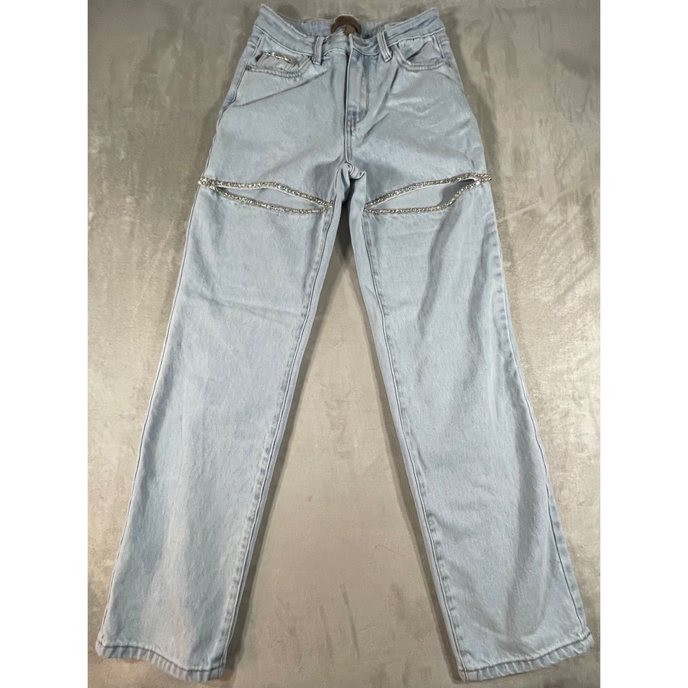 Judy Blue Straight Jeans Womens 3/26 Light Wash Rhinestone Cutout Embellished